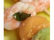 Spiedini gamberi avocado, meloni lime