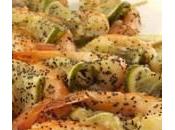 Ricette pesce: spiedini mazzancolle lime semi papavero