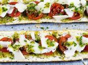 Bruschette pesto, pomodorini grana with pesto sauce, cherry tomatoes Grana cheese