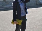 Outfit: blue blazer, printed shirt yellow